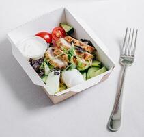 pieces of chicken with vegetables, herbs and sauce in a lunchbox photo