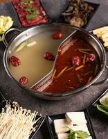 delicious asian bouillon with a lot of extra ingredients, View from above. Chinese cuisine, ingredient for hotpot photo