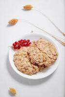whole grain cookies with a sprig of red currants in a small white plate side view photo