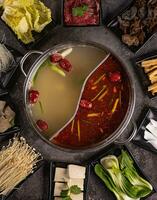 delicious asian bouillon with a lot of extra ingredients. View from above. Chinese cuisine, ingredient for hotpot photo