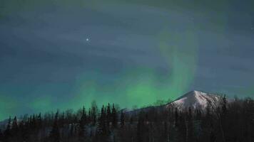 Zeit Ablauf von Grün Nord Beleuchtung. schneebedeckt Berg und Bäume beim Winter Nacht. video