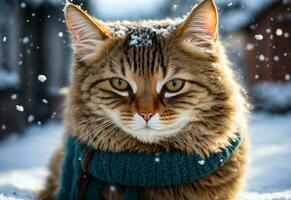Highlight the joy of a cute cat experiencing its first encounter with snow, winter concept photo
