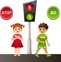 Informational vector illustration for children about the rules of the road and behavior at traffic lights