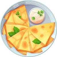 Stack of thin pancakes with bowl for parsley sauce on plate, top view. Vector illustration of delicious food in cartoon style