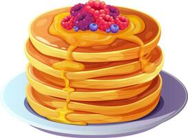 Stack of fluffy pancakes with berries, poured with honey or caramel. Side view. Vector illustration of delicious food in cartoon style