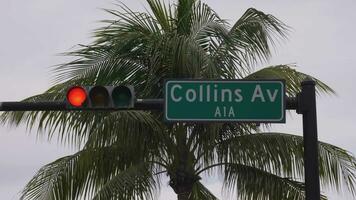 Collins avenida la carretera firmar y tráfico ligero en Miami playa. Estados Unidos video