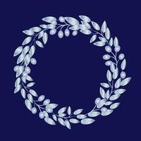 Advent wreath with holly berries, mistletoe, pine and spruce branches, rowan berries on a blue background. Merry Christmas and Happy New Year. Vector EPS10