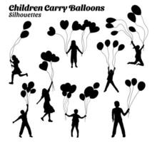 Set of illustrations of children carry balloons silhouettes vector