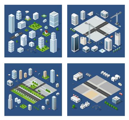 City urban area map Isometric night lights ultraviolet 3D illustration architecture town street with a lot of building houses and skyscrapers, streets, trees and vehicles
