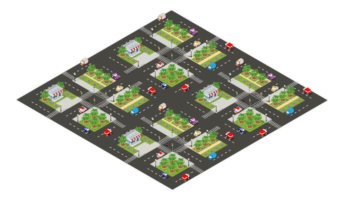 City urban area map Isometric night lights ultraviolet 3D illustration architecture town street with a lot of building houses and skyscrapers, streets, trees and vehicles