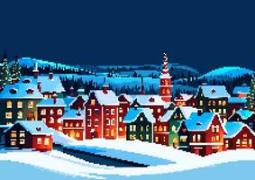 invierno pueblo paisaje alegre Navidad saludo tarjeta vector 8 bits píxel Arte ilustración. Nevado noche en acogedor pueblo ciudad panorama