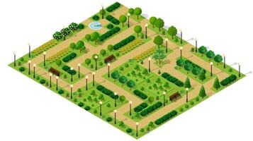 Isometric people lifestyle communication in an urban environment in a park with benches and trees 3D illustration vector