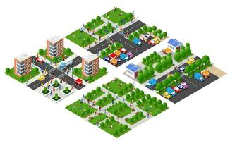 Isometric 3D city module industrial urban factory which includes buildings, power plants, heating gas, warehouse. Flat map isolated element set structures vector