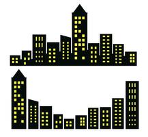 Landscape set of buildings silhouetted on white background. A black outline of low-rise and high-rise complexes and skyscrapers. Structural constructions placed urban objects vector