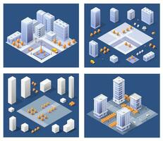 mapa del área urbana de la ciudad luces nocturnas isométricas ilustración 3d ultravioleta arquitectura calle de la ciudad con muchas casas en construcción y rascacielos, calles, árboles y vehículos vector