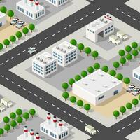 Isometric 3D city module industrial urban factory which includes buildings, power plants, heating gas, warehouse. vector