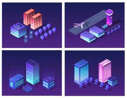 City urban area map Isometric night lights ultraviolet 3D illustration architecture town street with a lot of building houses and skyscrapers, streets, trees and vehicles vector
