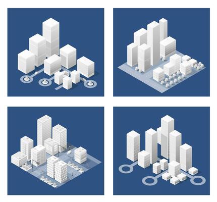 City urban area map Isometric night lights ultraviolet 3D illustration architecture town street with a lot of building houses and skyscrapers, streets, trees and vehicles