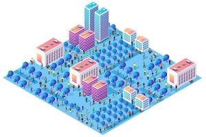 City urban area map Isometric night lights ultraviolet 3D illustration architecture town street with a lot of building houses and skyscrapers, streets, trees and vehicles vector