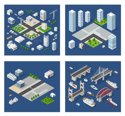 City urban area map Isometric night lights ultraviolet 3D illustration architecture town street with a lot of building houses and skyscrapers, streets, trees and vehicles