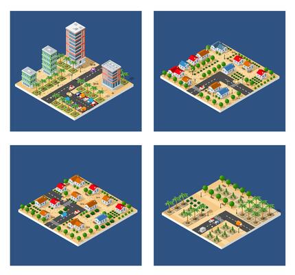 City urban area map Isometric night lights ultraviolet 3D illustration architecture town street with a lot of building houses and skyscrapers, streets, trees and vehicles
