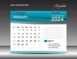 Desk calender 2024 - January 2024 template, Calendar 2024 design template, planner, simple, Wall calendar design, week starts on sunday, printing, advertiement, Blue watercolor background, vector