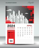 Calendar 2024 design template- April 2024 year layout, vertical calendar design, Desk calendar template, Wall calendar 2024 template, Planner, week starts on sunday, red vector