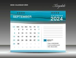 Desk calender 2024 - September 2024 template, Calendar 2024 design template, planner, simple, Wall calendar design, week starts on sunday, printing, advertiement, Blue watercolor background, vector