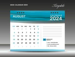 Desk calender 2024 - August 2024 template, Calendar 2024 design template, planner, simple, Wall calendar design, week starts on sunday, printing, advertiement, Blue watercolor background, vector