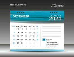 Desk calender 2024 - December 2024 template, Calendar 2024 design template, planner, simple, Wall calendar design, week starts on sunday, printing, advertiement, Blue watercolor background, vector