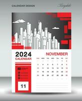 Calendar 2024 design template- November 2024 year layout, vertical calendar design, Desk calendar template, Wall calendar 2024 template, Planner, week starts on sunday, red vector