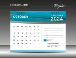 Desk calender 2024 - October 2024 template, Calendar 2024 design template, planner, simple, Wall calendar design, week starts on sunday, printing, advertiement, Blue watercolor background, vector