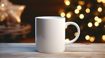 ai generative white christmas coffee cup mock up  with christmas lights bokeh background photo