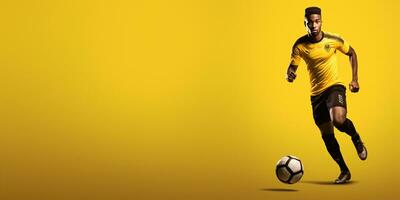 ai generative  football player isolated on solid yellow background. Sports banner, copy space. photo