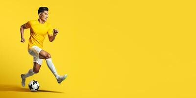 ai generative  football player isolated on solid yellow background. Sports banner, copy space. photo