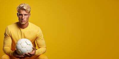 ai generative  football player isolated on solid yellow background. Sports banner, copy space. photo