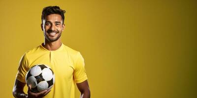 ai generative  football player isolated on solid yellow background. Sports banner, copy space. photo