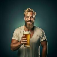 ai generative Handsome, bearded, masculine man drinking beer. October fest, craft beer banner template, copy space isolated on solid blue background photo