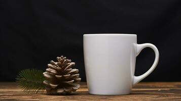 ai generative white christmas coffee cup mock up  with christmas lights bokeh background photo