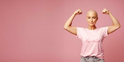 ai generativo fuerte mujer victorioso lucha en contra pecho cáncer. cáncer conciencia bandera, Copiar espacio. foto