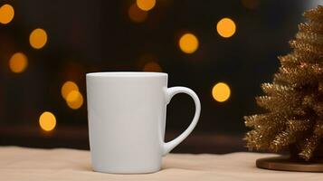 ai generative white christmas coffee cup mock up  with christmas lights bokeh background photo