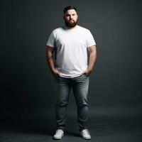 ai generative multi ethnic plus size people in white shirt for mock up on a black background photo