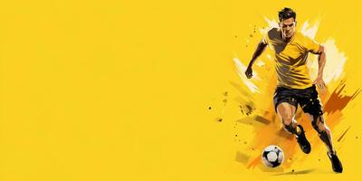 ai generative  football player isolated on solid yellow background. Sports banner, copy space. photo