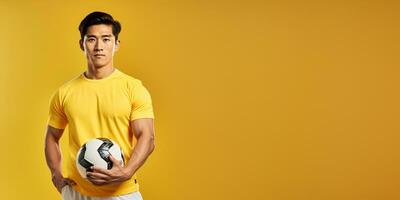 ai generative  football player isolated on solid yellow background. Sports banner, copy space. photo