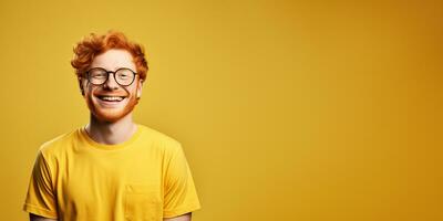 ai generative Attractive man wearing yellow tshirt and glasses. Isolated on yellow background. photo