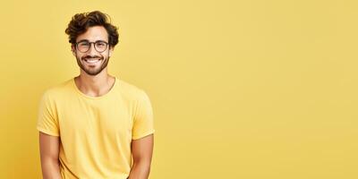 ai generative Attractive man wearing yellow tshirt and glasses. Isolated on yellow background. photo