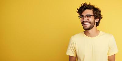 ai generative Attractive man wearing yellow tshirt and glasses. Isolated on yellow background. photo