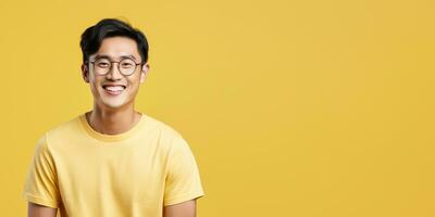 ai generative Attractive man wearing yellow tshirt and glasses. Isolated on yellow background. photo