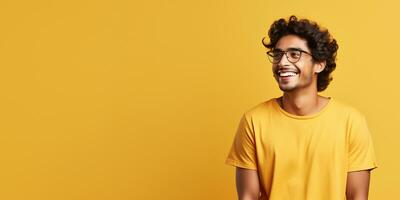 ai generative Attractive man wearing yellow tshirt and glasses. Isolated on yellow background. photo