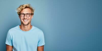 ai generative Attractive man wearing blue tshirt and glasses. Isolated on blue background photo